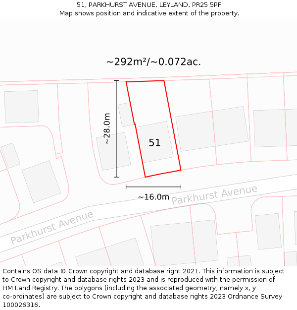 51, PARKHURST AVENUE, LEYLAND, PR25 5PF: Plot and title map