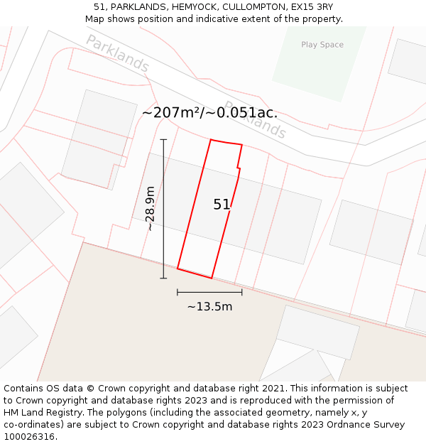 51, PARKLANDS, HEMYOCK, CULLOMPTON, EX15 3RY: Plot and title map