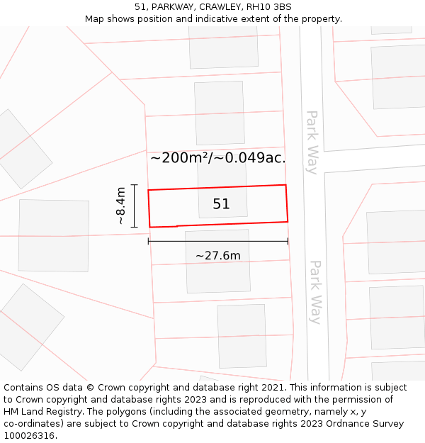 51, PARKWAY, CRAWLEY, RH10 3BS: Plot and title map