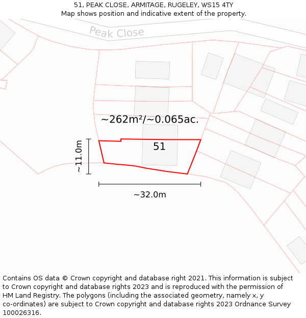 51, PEAK CLOSE, ARMITAGE, RUGELEY, WS15 4TY: Plot and title map