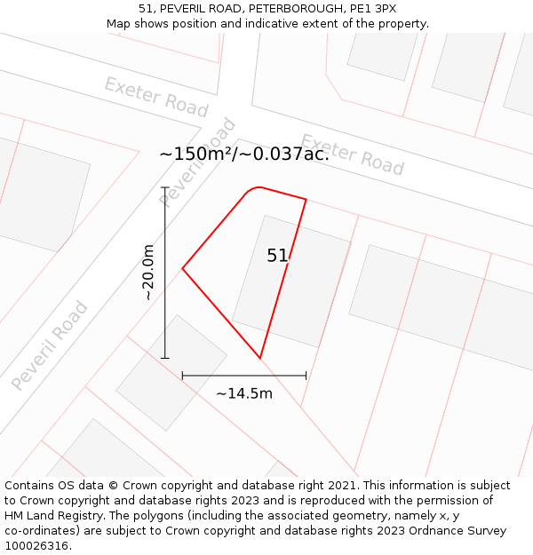 51, PEVERIL ROAD, PETERBOROUGH, PE1 3PX: Plot and title map