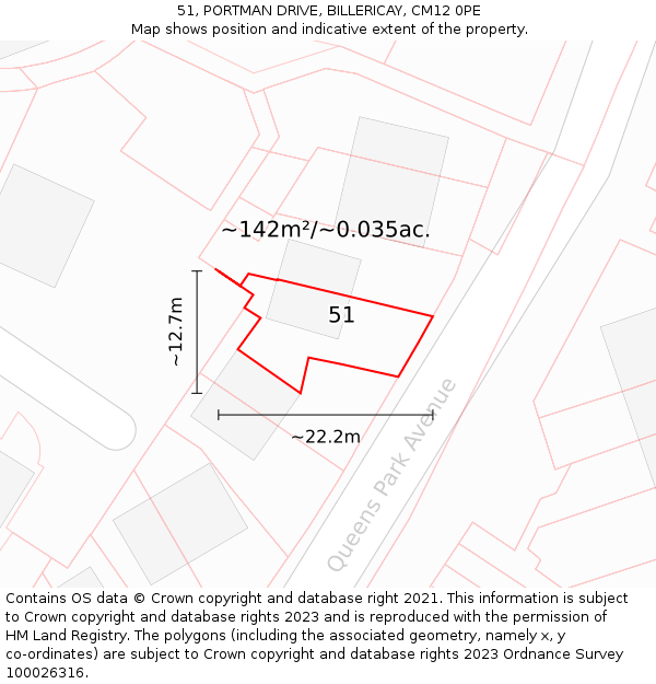 51, PORTMAN DRIVE, BILLERICAY, CM12 0PE: Plot and title map