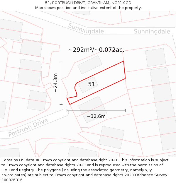 51, PORTRUSH DRIVE, GRANTHAM, NG31 9GD: Plot and title map