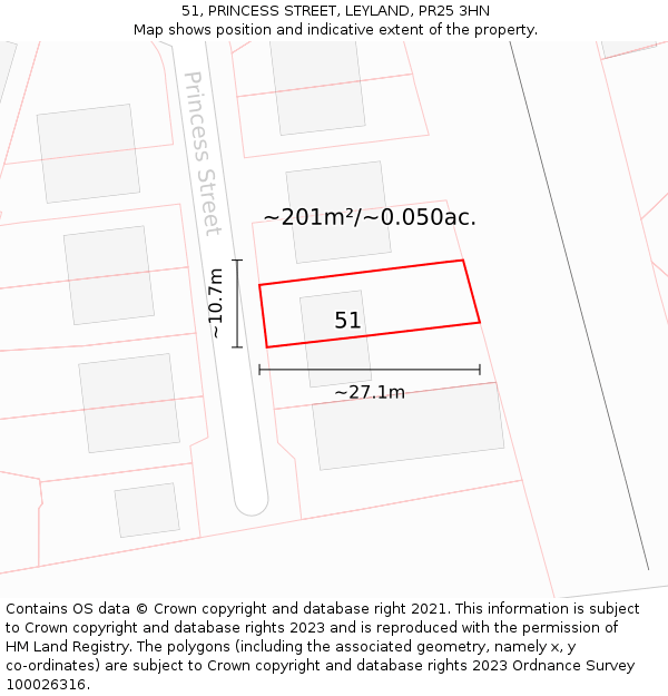 51, PRINCESS STREET, LEYLAND, PR25 3HN: Plot and title map