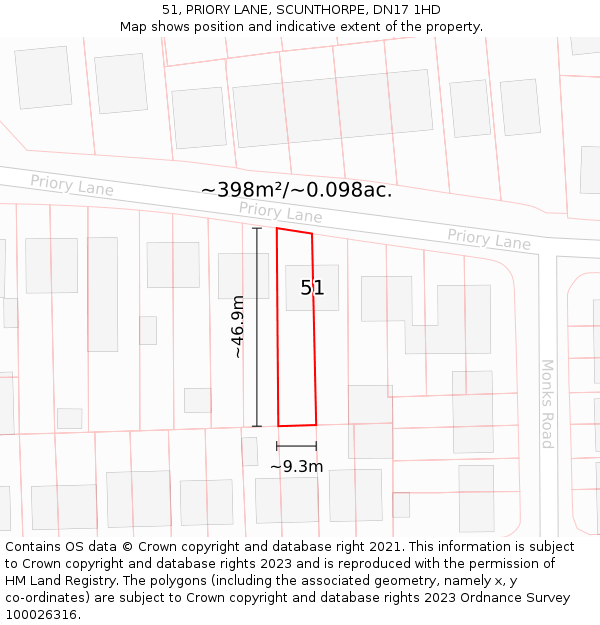 51, PRIORY LANE, SCUNTHORPE, DN17 1HD: Plot and title map
