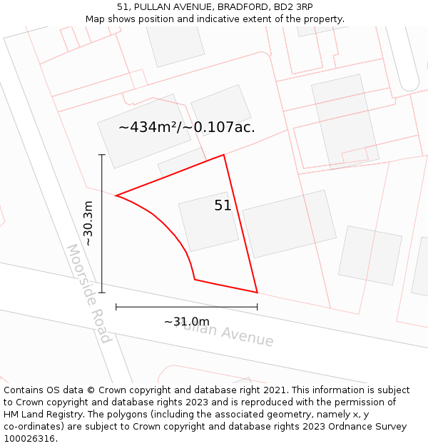 51, PULLAN AVENUE, BRADFORD, BD2 3RP: Plot and title map
