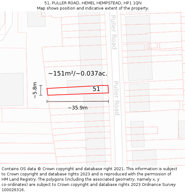 51, PULLER ROAD, HEMEL HEMPSTEAD, HP1 1QN: Plot and title map