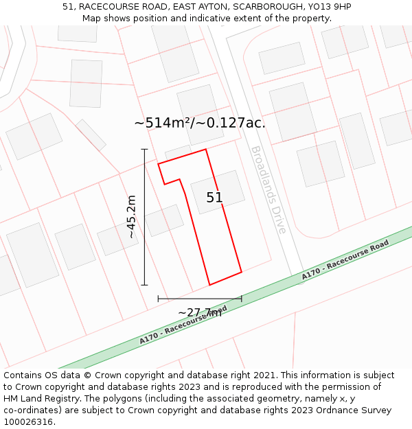 51, RACECOURSE ROAD, EAST AYTON, SCARBOROUGH, YO13 9HP: Plot and title map
