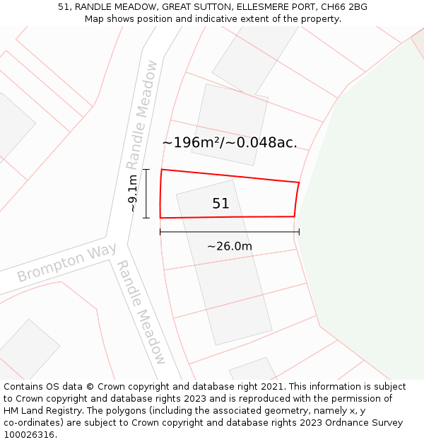 51, RANDLE MEADOW, GREAT SUTTON, ELLESMERE PORT, CH66 2BG: Plot and title map