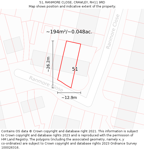 51, RANMORE CLOSE, CRAWLEY, RH11 9RD: Plot and title map