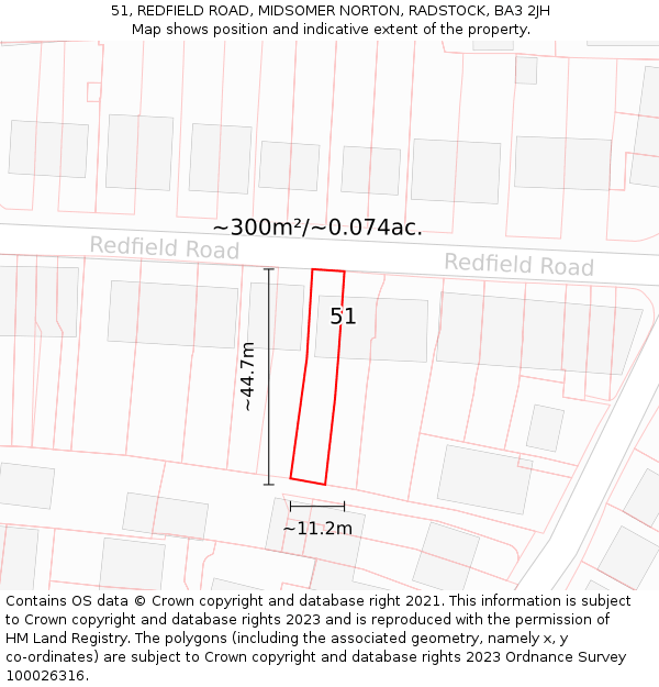51, REDFIELD ROAD, MIDSOMER NORTON, RADSTOCK, BA3 2JH: Plot and title map