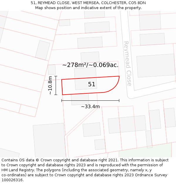 51, REYMEAD CLOSE, WEST MERSEA, COLCHESTER, CO5 8DN: Plot and title map