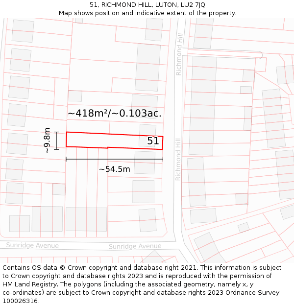 51, RICHMOND HILL, LUTON, LU2 7JQ: Plot and title map
