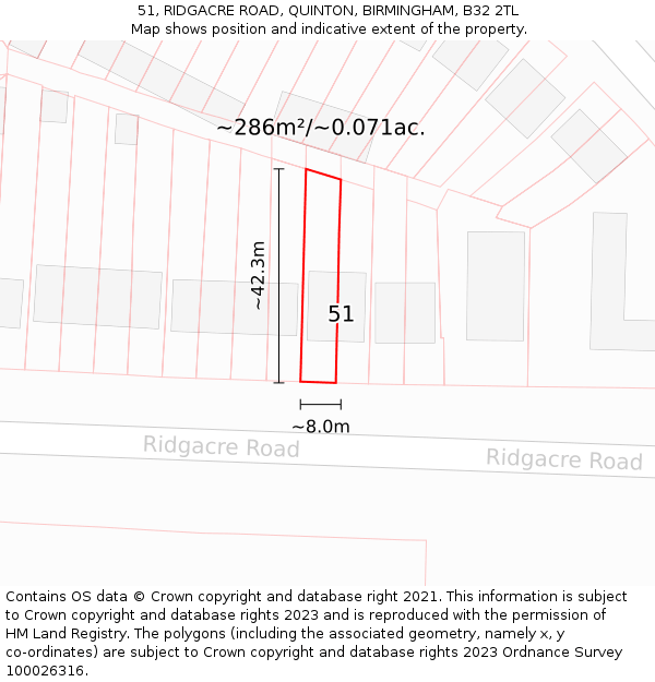 51, RIDGACRE ROAD, QUINTON, BIRMINGHAM, B32 2TL: Plot and title map