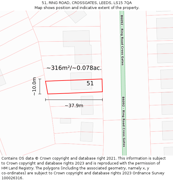 51, RING ROAD, CROSSGATES, LEEDS, LS15 7QA: Plot and title map