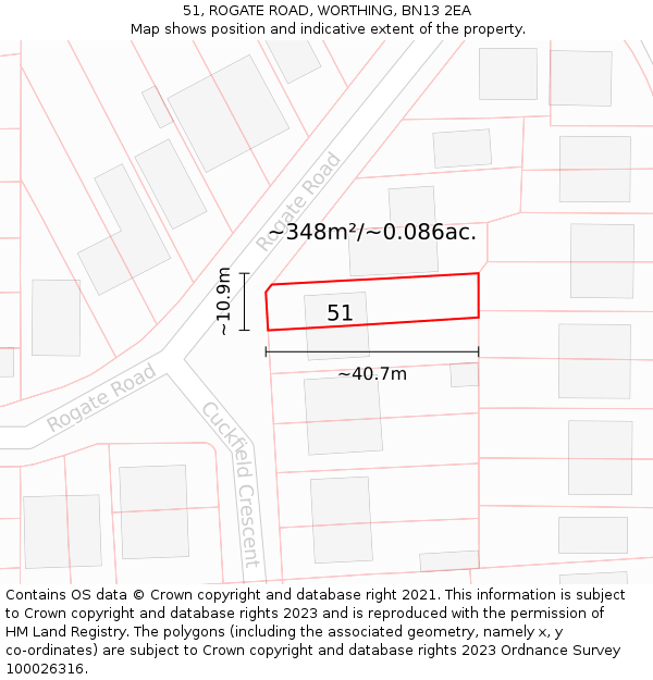 51, ROGATE ROAD, WORTHING, BN13 2EA: Plot and title map