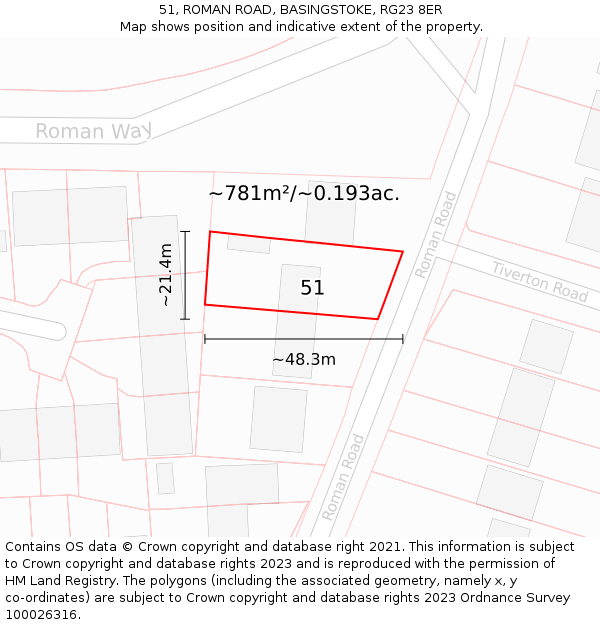 51, ROMAN ROAD, BASINGSTOKE, RG23 8ER: Plot and title map