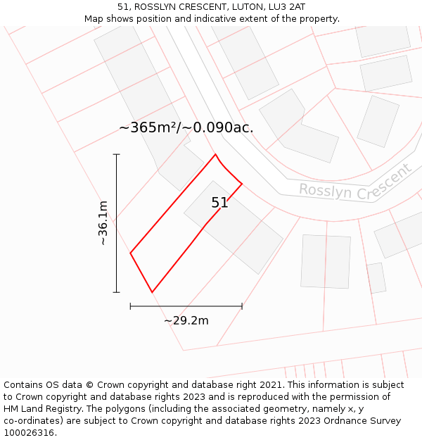 51, ROSSLYN CRESCENT, LUTON, LU3 2AT: Plot and title map