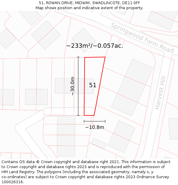 51, ROWAN DRIVE, MIDWAY, SWADLINCOTE, DE11 0FF: Plot and title map