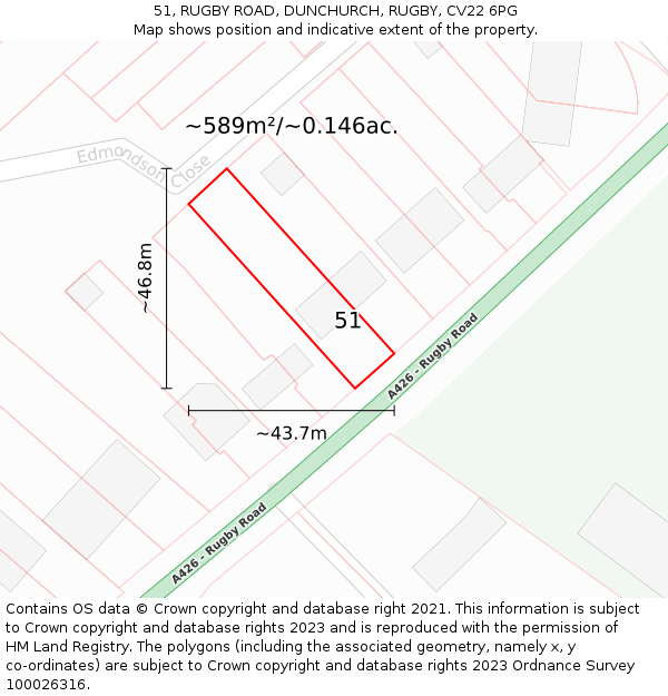 51, RUGBY ROAD, DUNCHURCH, RUGBY, CV22 6PG: Plot and title map