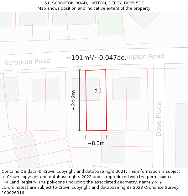 51, SCROPTON ROAD, HATTON, DERBY, DE65 5DS: Plot and title map