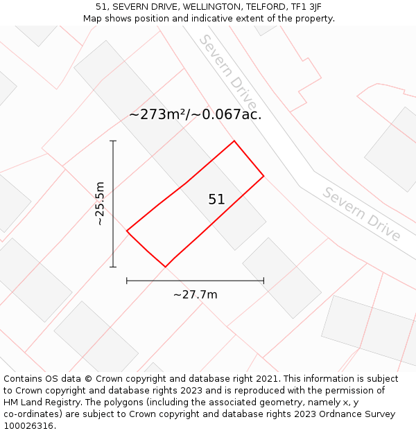 51, SEVERN DRIVE, WELLINGTON, TELFORD, TF1 3JF: Plot and title map