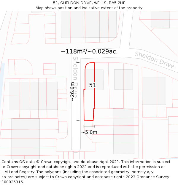 51, SHELDON DRIVE, WELLS, BA5 2HE: Plot and title map
