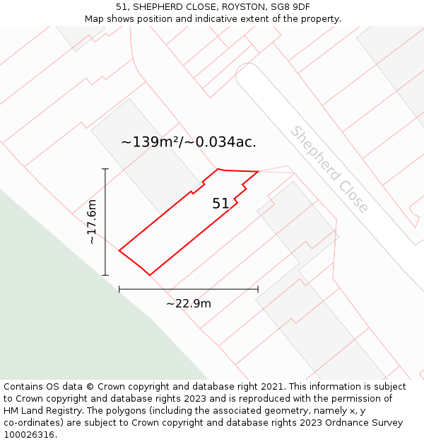 51, SHEPHERD CLOSE, ROYSTON, SG8 9DF: Plot and title map