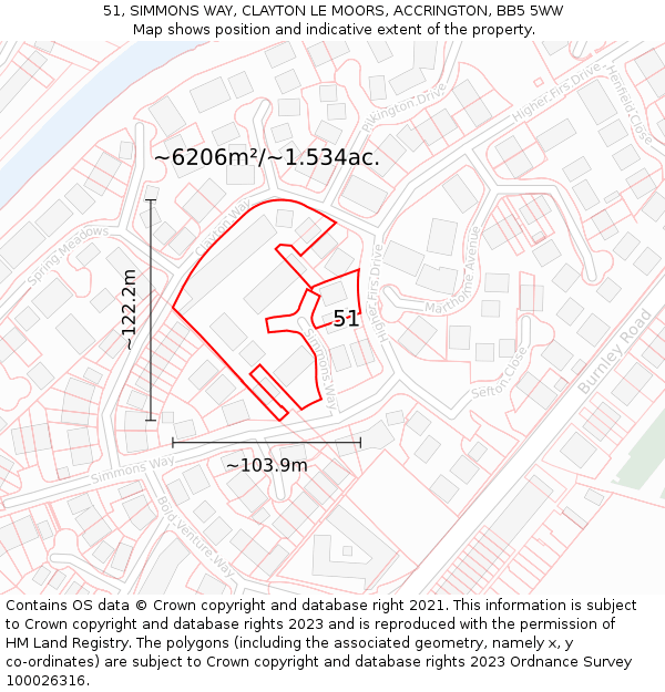 51, SIMMONS WAY, CLAYTON LE MOORS, ACCRINGTON, BB5 5WW: Plot and title map