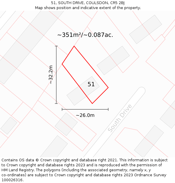 51, SOUTH DRIVE, COULSDON, CR5 2BJ: Plot and title map