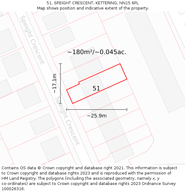 51, SPEIGHT CRESCENT, KETTERING, NN15 6PL: Plot and title map