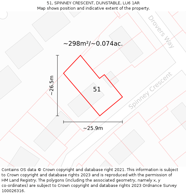 51, SPINNEY CRESCENT, DUNSTABLE, LU6 1AR: Plot and title map