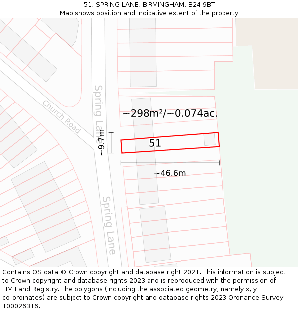 51, SPRING LANE, BIRMINGHAM, B24 9BT: Plot and title map