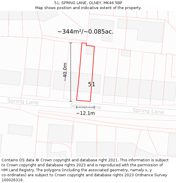 51, SPRING LANE, OLNEY, MK46 5BP: Plot and title map