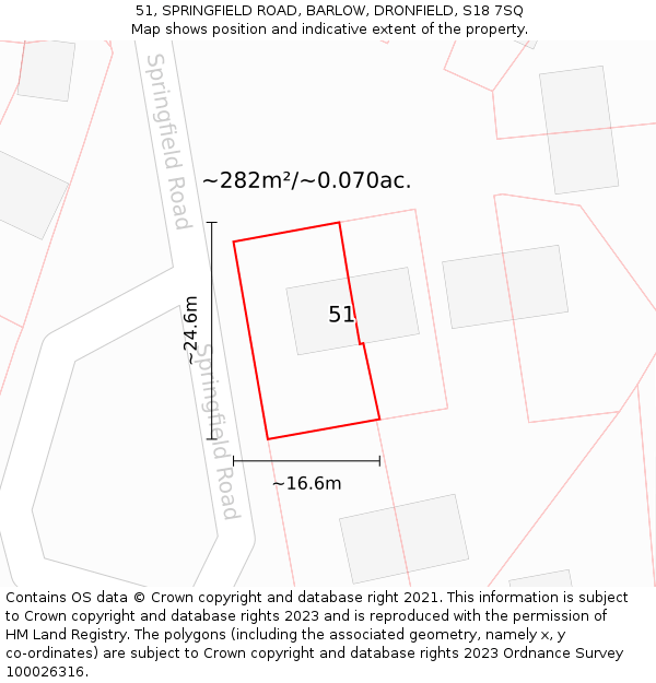 51, SPRINGFIELD ROAD, BARLOW, DRONFIELD, S18 7SQ: Plot and title map