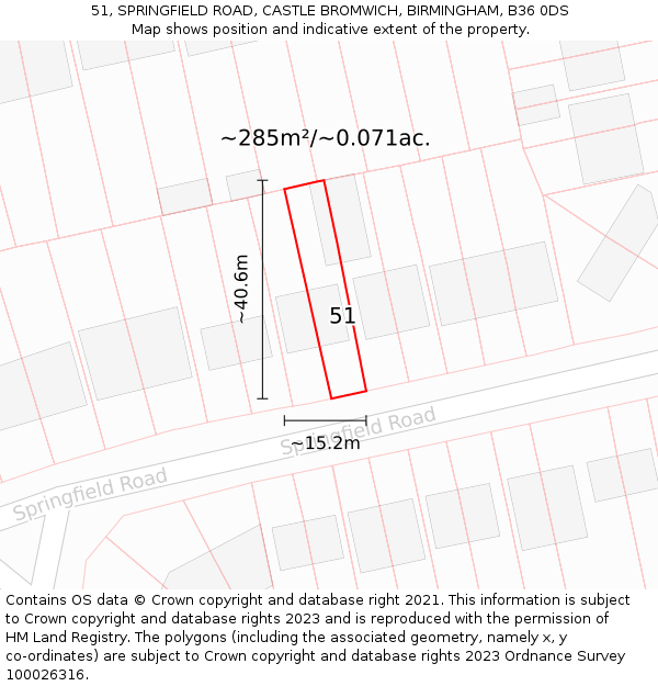 51, SPRINGFIELD ROAD, CASTLE BROMWICH, BIRMINGHAM, B36 0DS: Plot and title map