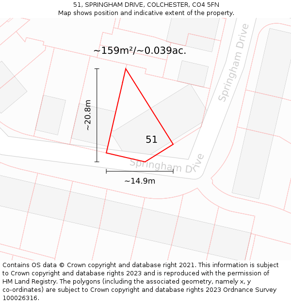 51, SPRINGHAM DRIVE, COLCHESTER, CO4 5FN: Plot and title map