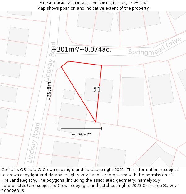 51, SPRINGMEAD DRIVE, GARFORTH, LEEDS, LS25 1JW: Plot and title map