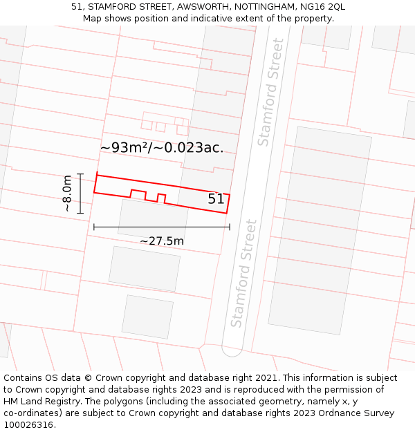 51, STAMFORD STREET, AWSWORTH, NOTTINGHAM, NG16 2QL: Plot and title map