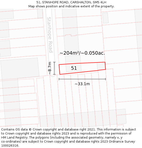 51, STANHOPE ROAD, CARSHALTON, SM5 4LH: Plot and title map