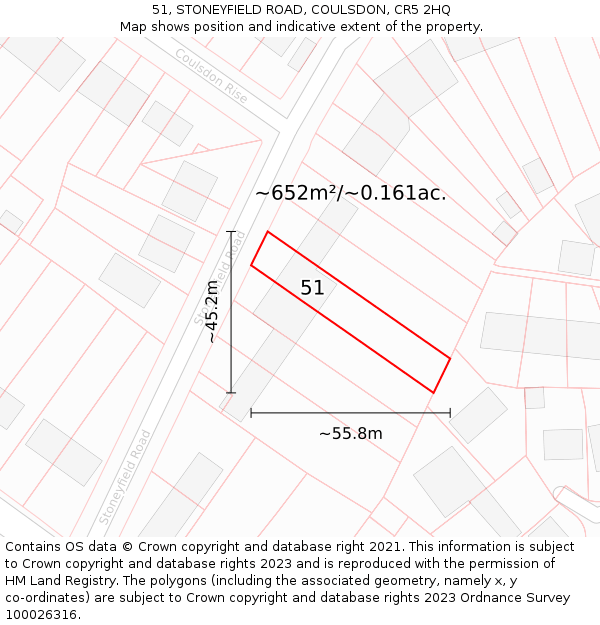 51, STONEYFIELD ROAD, COULSDON, CR5 2HQ: Plot and title map