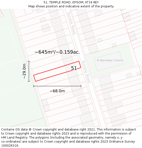 51, TEMPLE ROAD, EPSOM, KT19 8EY: Plot and title map