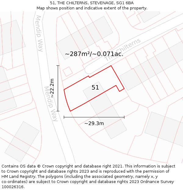 51, THE CHILTERNS, STEVENAGE, SG1 6BA: Plot and title map