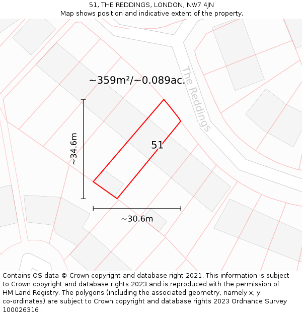 51, THE REDDINGS, LONDON, NW7 4JN: Plot and title map