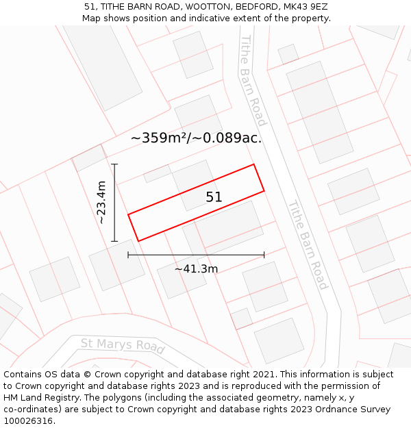 51, TITHE BARN ROAD, WOOTTON, BEDFORD, MK43 9EZ: Plot and title map