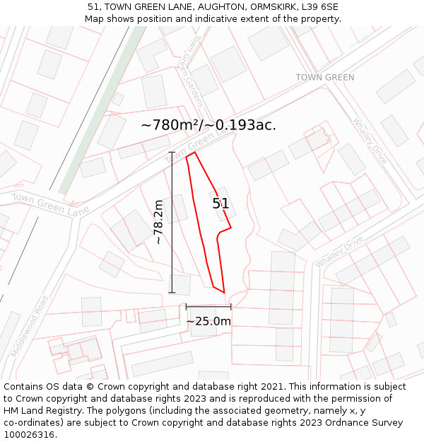 51, TOWN GREEN LANE, AUGHTON, ORMSKIRK, L39 6SE: Plot and title map