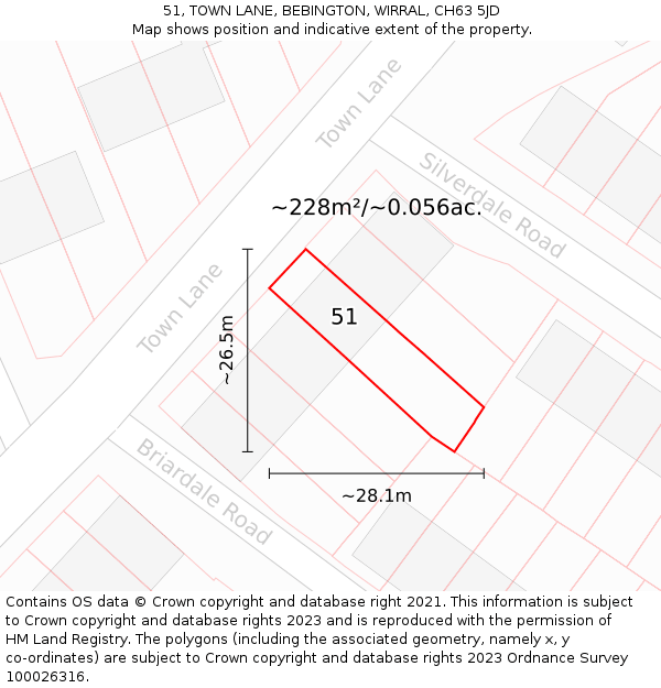 51, TOWN LANE, BEBINGTON, WIRRAL, CH63 5JD: Plot and title map