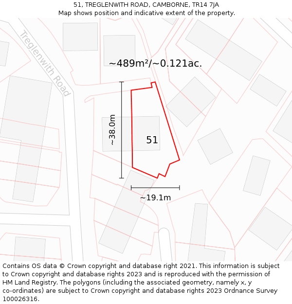 51, TREGLENWITH ROAD, CAMBORNE, TR14 7JA: Plot and title map