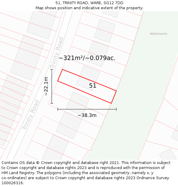 51, TRINITY ROAD, WARE, SG12 7DD: Plot and title map