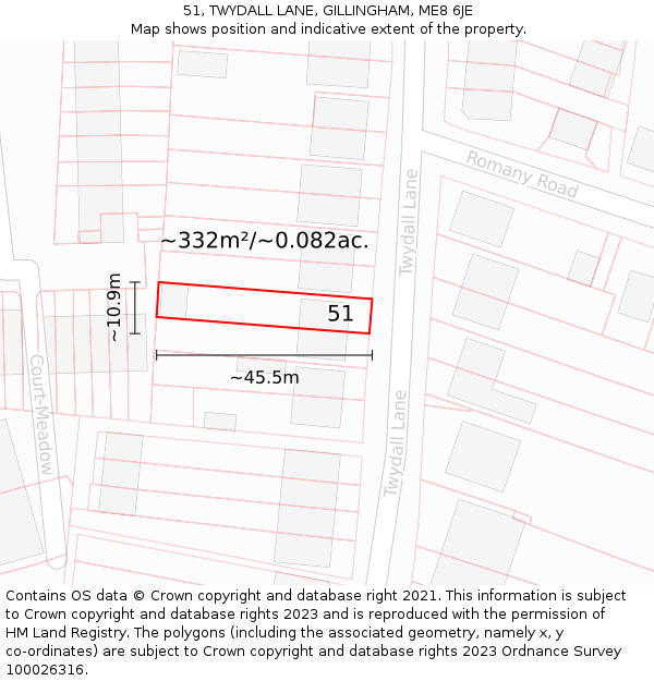 51, TWYDALL LANE, GILLINGHAM, ME8 6JE: Plot and title map